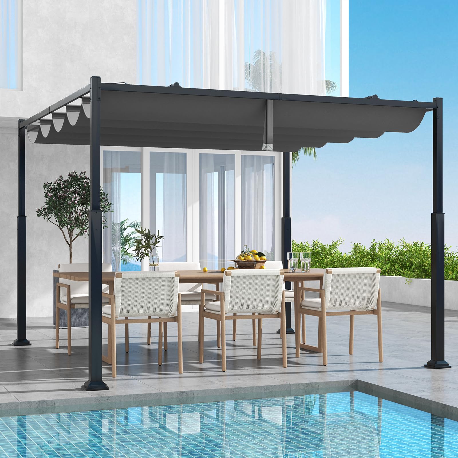 Tangkula 10x10Ft Pergola, Patio Pergola with Retractable Sun Shade Canopy